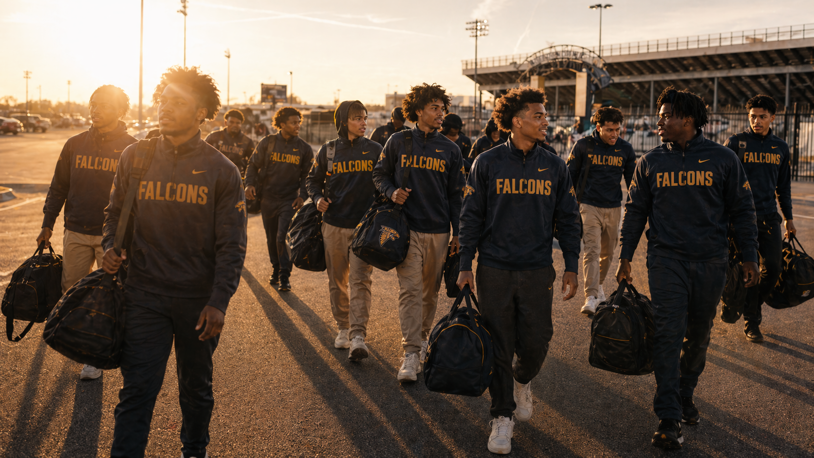 Athletes walking onto the field at golden hour in full program apparel